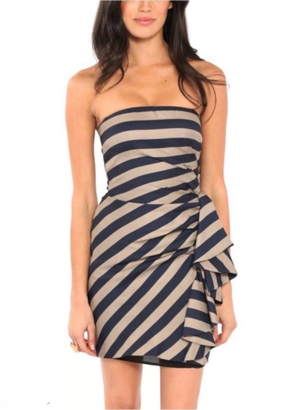 BCBGMaxAzria Navy Blue Beige Strapless Cocktail Dress
